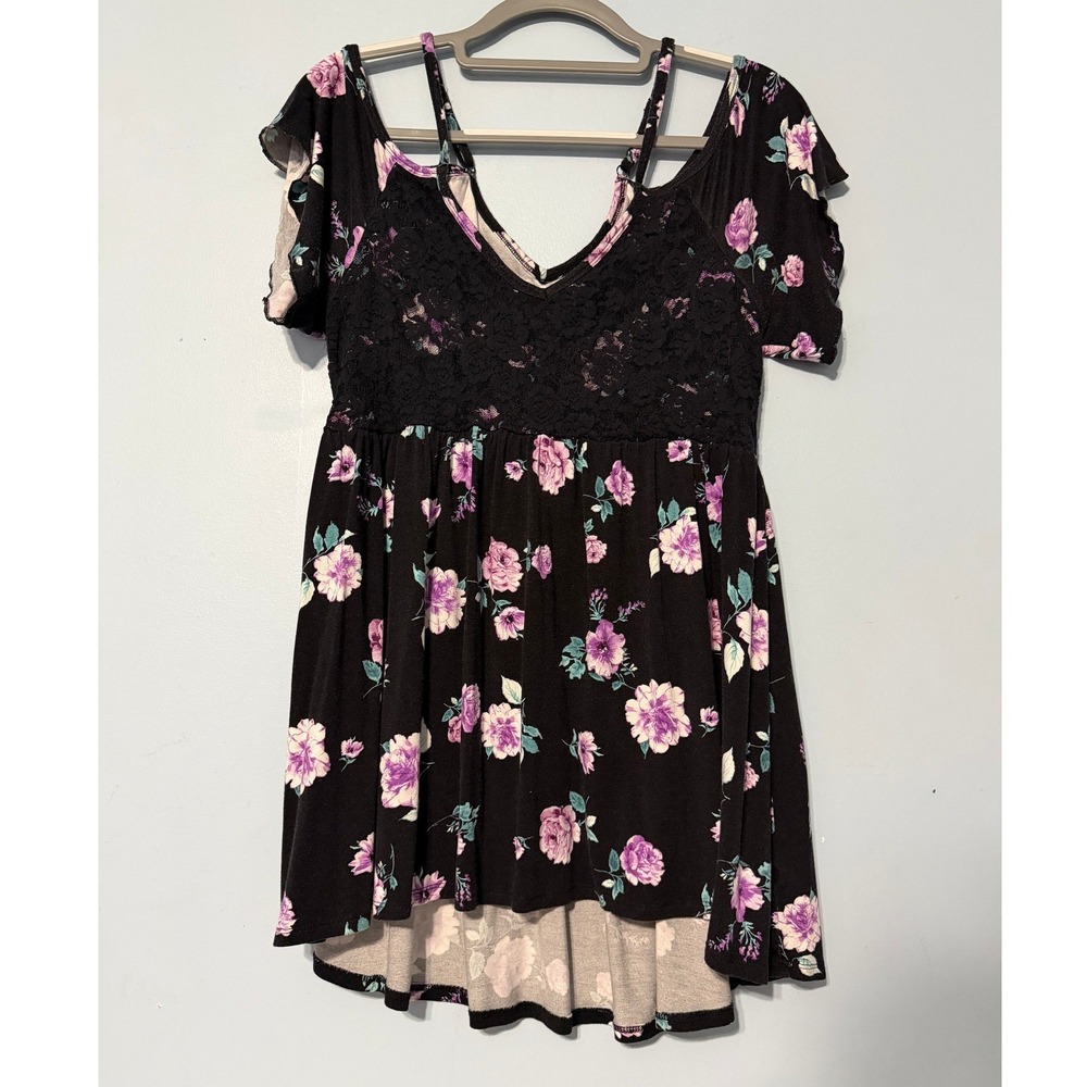 Torrid Super Soft Size 0 Floral Lace Cold Shoulder Babydoll Black Purple 2376